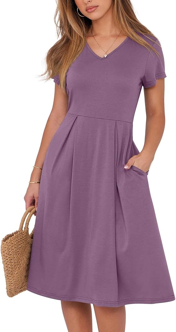 ANRABESS Women Summer Dress Casual Short Sleeve V Neck A-Line Knee Length Pleated Flowy 2026 Fashion Midi Dresses with Pocket - Product Image