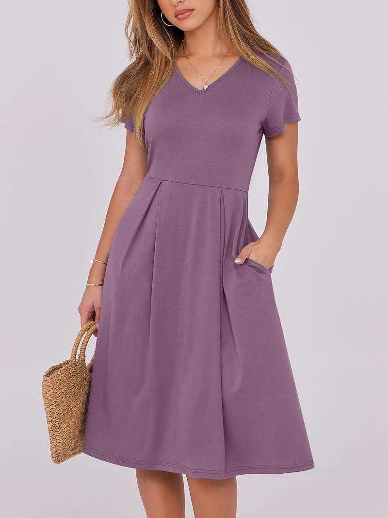 ANRABESS Women Summer Dress Casual Short Sleeve V Neck A-Line Knee Length Pleated Flowy 2026 Fashion Midi Dresses with Pocket - Image 2