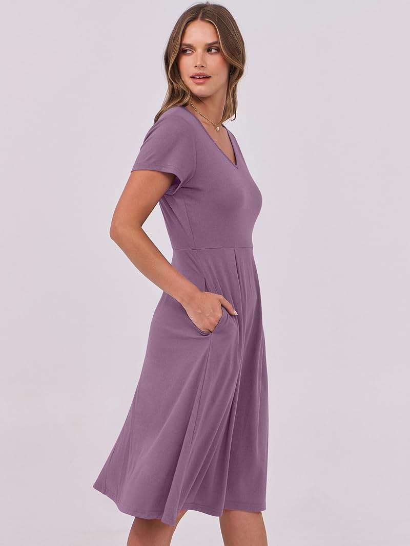 ANRABESS Women Summer Dress Casual Short Sleeve V Neck A-Line Knee Length Pleated Flowy 2026 Fashion Midi Dresses with Pocket - Image 5