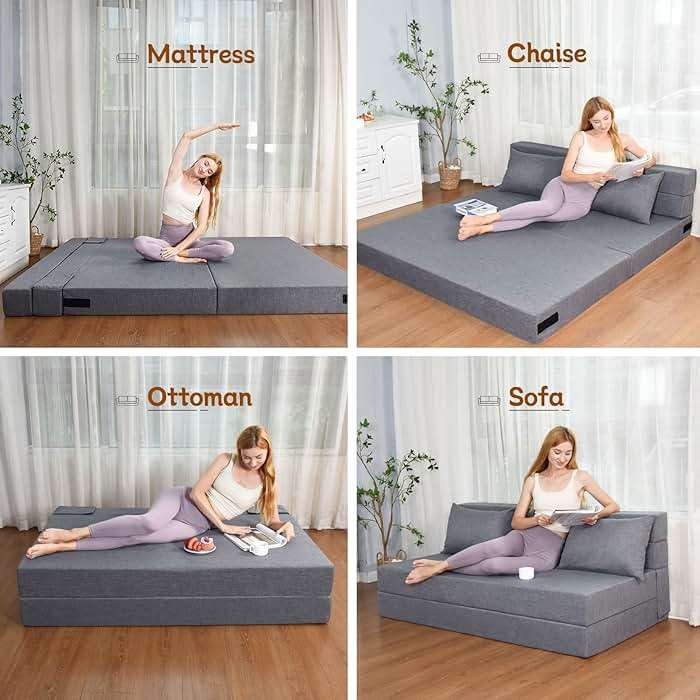 Fvkind Folding Sofa Bed, Foldable Bed Sleeper Chair with Pillow, Convertible Sofa Bed with Washable Cover, Fold Out Couch, Futon Couch for Living Room, Dorm, Guest Room, Queen Size, Light Grey - Image 3