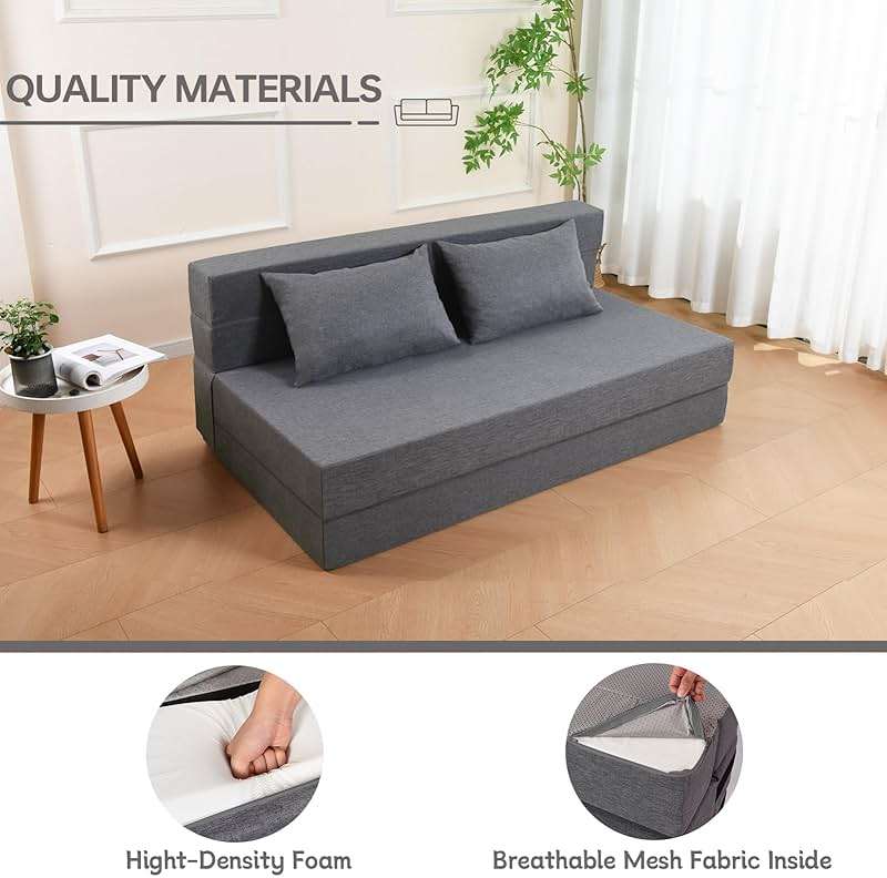 Fvkind Folding Sofa Bed, Foldable Bed Sleeper Chair with Pillow, Convertible Sofa Bed with Washable Cover, Fold Out Couch, Futon Couch for Living Room, Dorm, Guest Room, Queen Size, Light Grey - Image 5