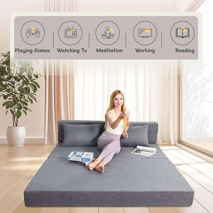 Fvkind Folding Sofa Bed, Foldable Bed Sleeper Chair with Pillow, Convertible Sofa Bed with Washable Cover, Fold Out Couch, Futon Couch for Living Room, Dorm, Guest Room, Queen Size, Light Grey - Image 7