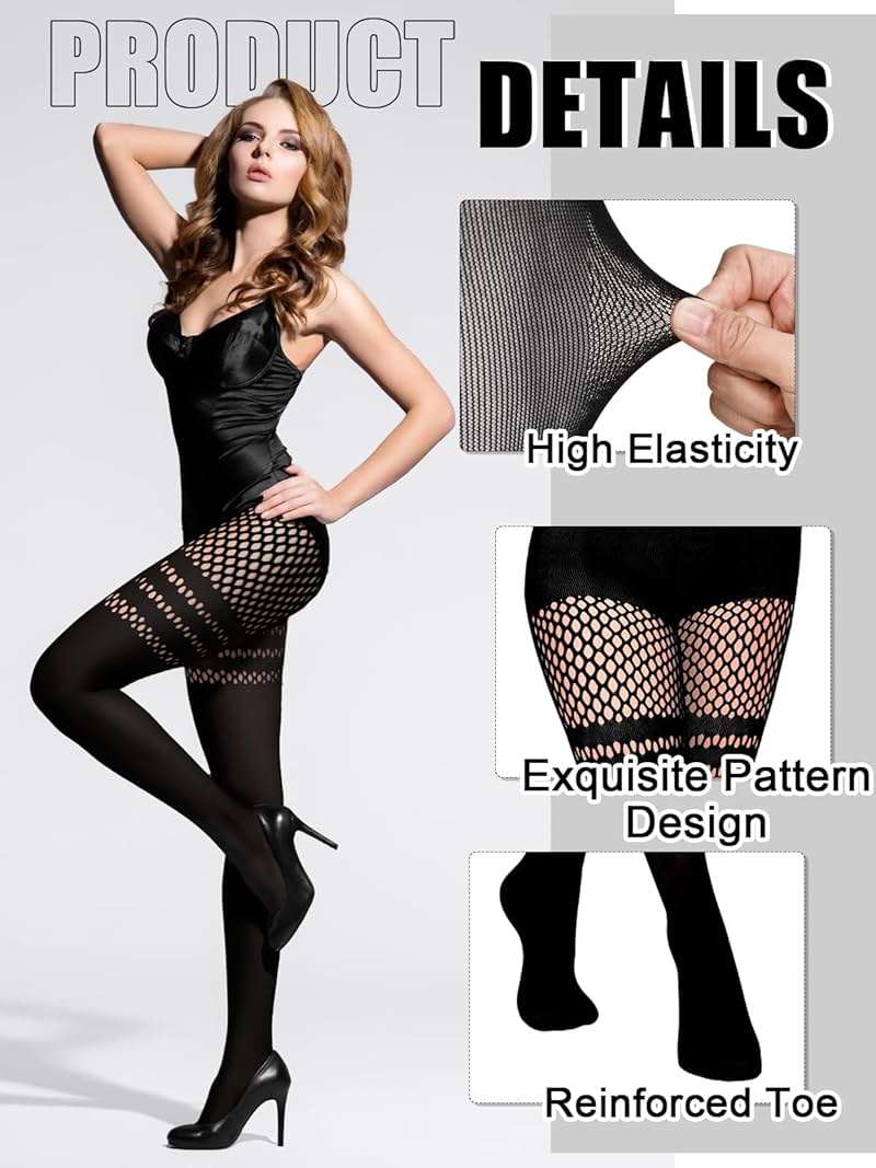 Jansun 3 Pairs Faux Thigh High Fishnet Stockings, Black Opaque Tights Women Fishnet Tights - Image 3