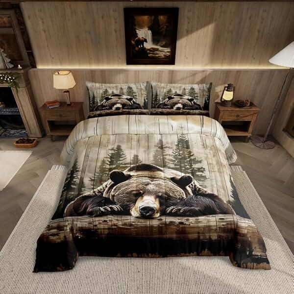 Feelyou Grizzly Bear Comforter Set Queen Size, Wild Animal Hunting Quilt Set with 2 Pillowcases, Western Cabin Bedding Set 3pcs for Kids Boys Teens Room Decor, Rustic Country Farmhouse Duvet Insert - Image 1