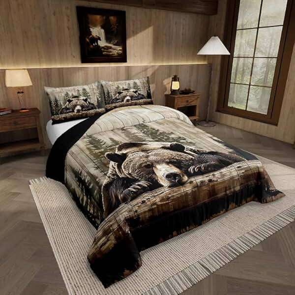 Feelyou Grizzly Bear Comforter Set Queen Size, Wild Animal Hunting Quilt Set with 2 Pillowcases, Western Cabin Bedding Set 3pcs for Kids Boys Teens Room Decor, Rustic Country Farmhouse Duvet Insert - Image 2