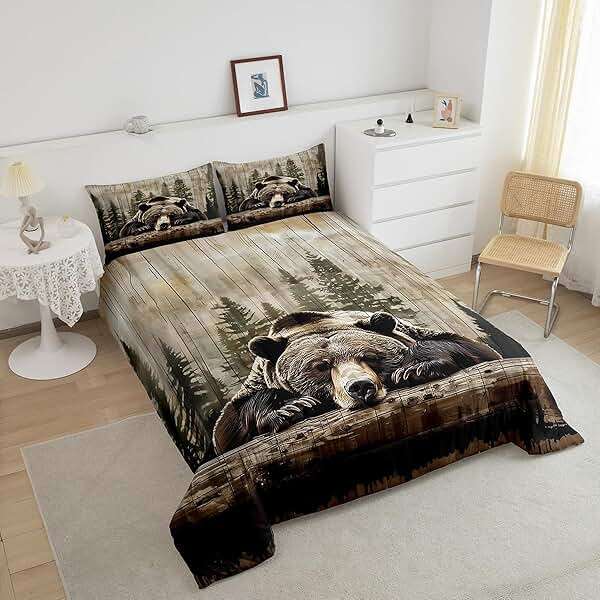Feelyou Grizzly Bear Comforter Set Queen Size, Wild Animal Hunting Quilt Set with 2 Pillowcases, Western Cabin Bedding Set 3pcs for Kids Boys Teens Room Decor, Rustic Country Farmhouse Duvet Insert - Image 4