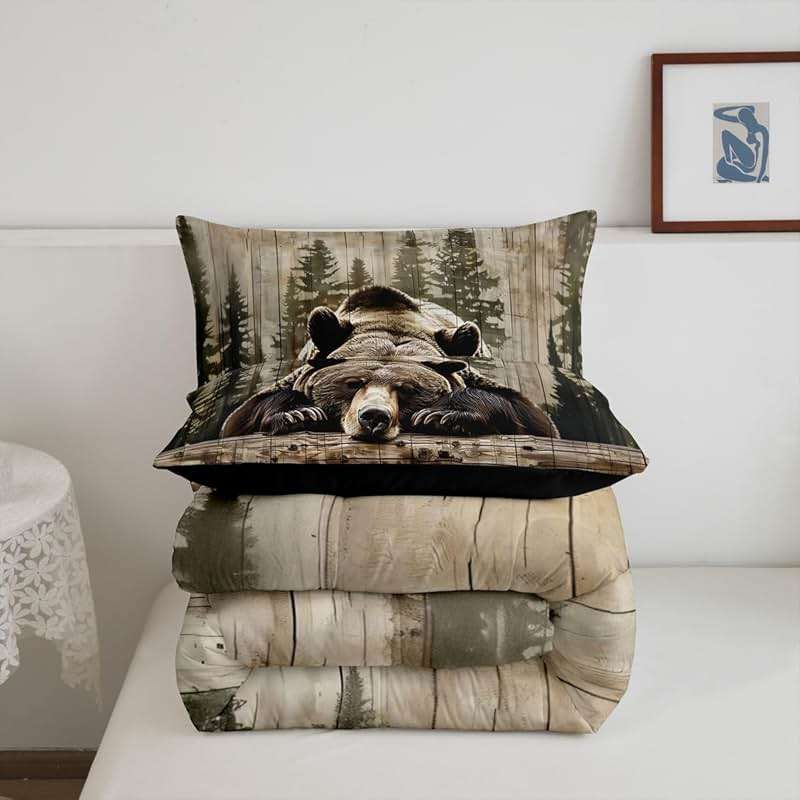 Feelyou Grizzly Bear Comforter Set Queen Size, Wild Animal Hunting Quilt Set with 2 Pillowcases, Western Cabin Bedding Set 3pcs for Kids Boys Teens Room Decor, Rustic Country Farmhouse Duvet Insert - Image 5
