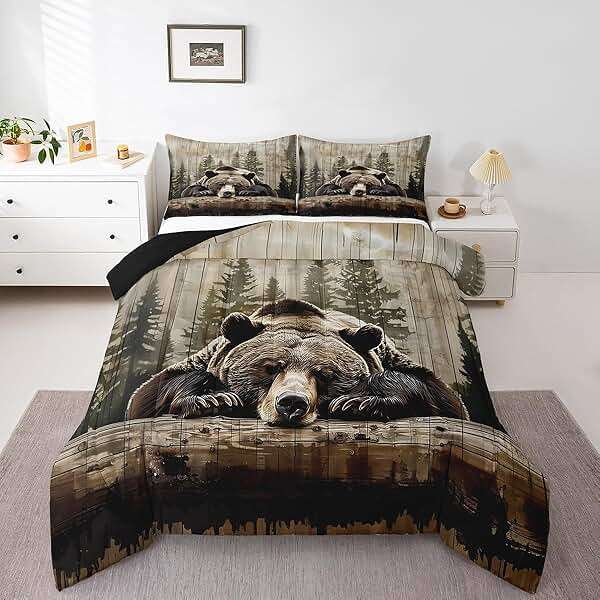 Feelyou Grizzly Bear Comforter Set Queen Size, Wild Animal Hunting Quilt Set with 2 Pillowcases, Western Cabin Bedding Set 3pcs for Kids Boys Teens Room Decor, Rustic Country Farmhouse Duvet Insert - Image 6
