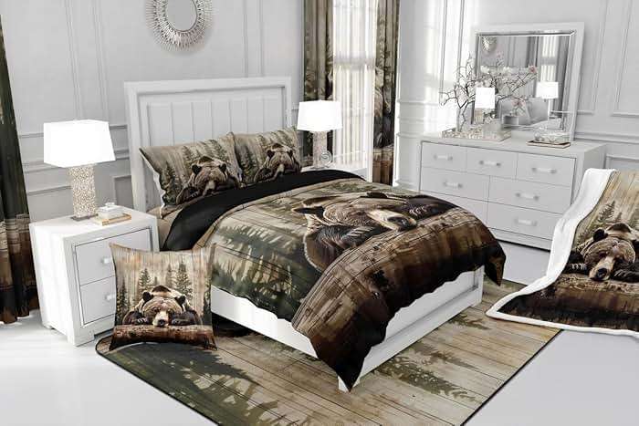 Feelyou Grizzly Bear Comforter Set Queen Size, Wild Animal Hunting Quilt Set with 2 Pillowcases, Western Cabin Bedding Set 3pcs for Kids Boys Teens Room Decor, Rustic Country Farmhouse Duvet Insert - Image 7