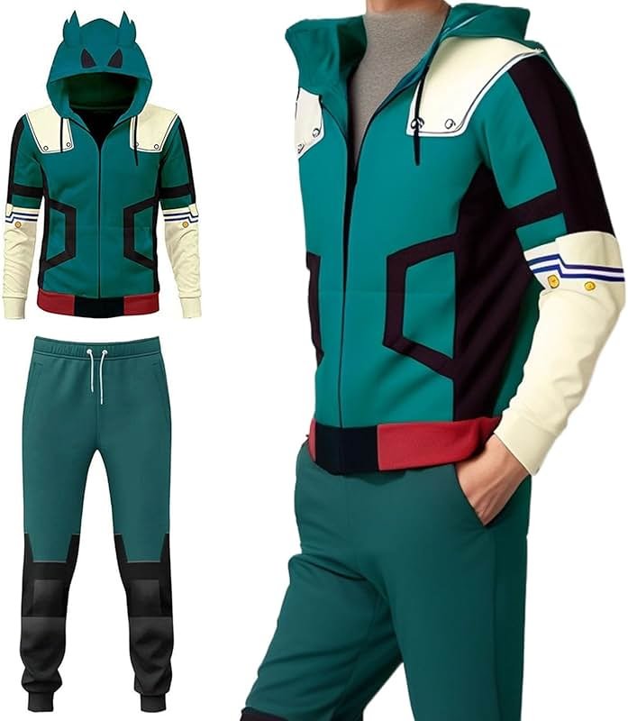 BIUTEY Anime Mha Hoodie and Sweatpants Midoriya Izuku Cosplay Hooded Pullover Sweatsuit Jogger Men's Tracksuits 2 Piece Set - Product Image