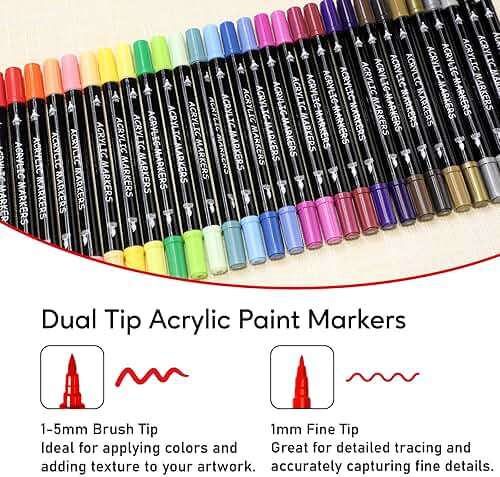 Recheel 30 Colors Acrylic Paint Markers, Dual Tip Fine and Brush Tips for Detailed Art, Crafting, Rock Painting, Wood, Glass, Ceramic, and More - Image 3