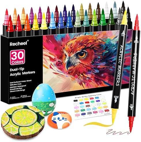 Recheel 30 Colors Acrylic Paint Markers, Dual Tip Fine and Brush Tips for Detailed Art, Crafting, Rock Painting, Wood, Glass, Ceramic, and More - Image 9