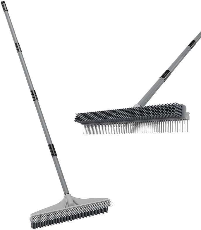 Walensee Carpet Rake for Pet Hair Removal, 2 in 1 Rug Rake to Fluff Carpet with Nylon Groomer Brush, Adjustable Long Handle for Shag Rugs, Stairs, Mats and Floors, Rubber Broom - Image 1