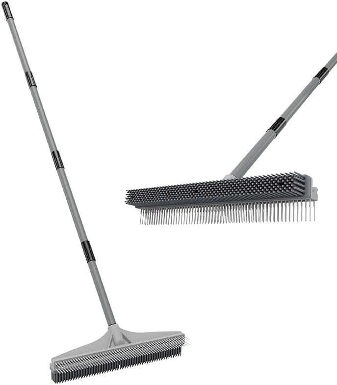 Walensee Carpet Rake for Pet Hair Removal, 2 in 1 Rug Rake to Fluff Carpet with Nylon Groomer Brush, Adjustable Long Handle for Shag Rugs, Stairs, Mats and Floors, Rubber Broom - Product Image