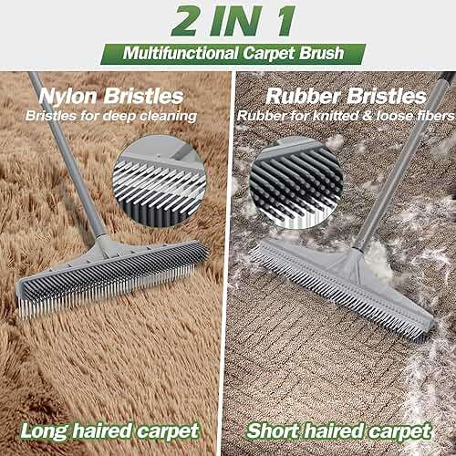 Walensee Carpet Rake for Pet Hair Removal, 2 in 1 Rug Rake to Fluff Carpet with Nylon Groomer Brush, Adjustable Long Handle for Shag Rugs, Stairs, Mats and Floors, Rubber Broom - Image 3