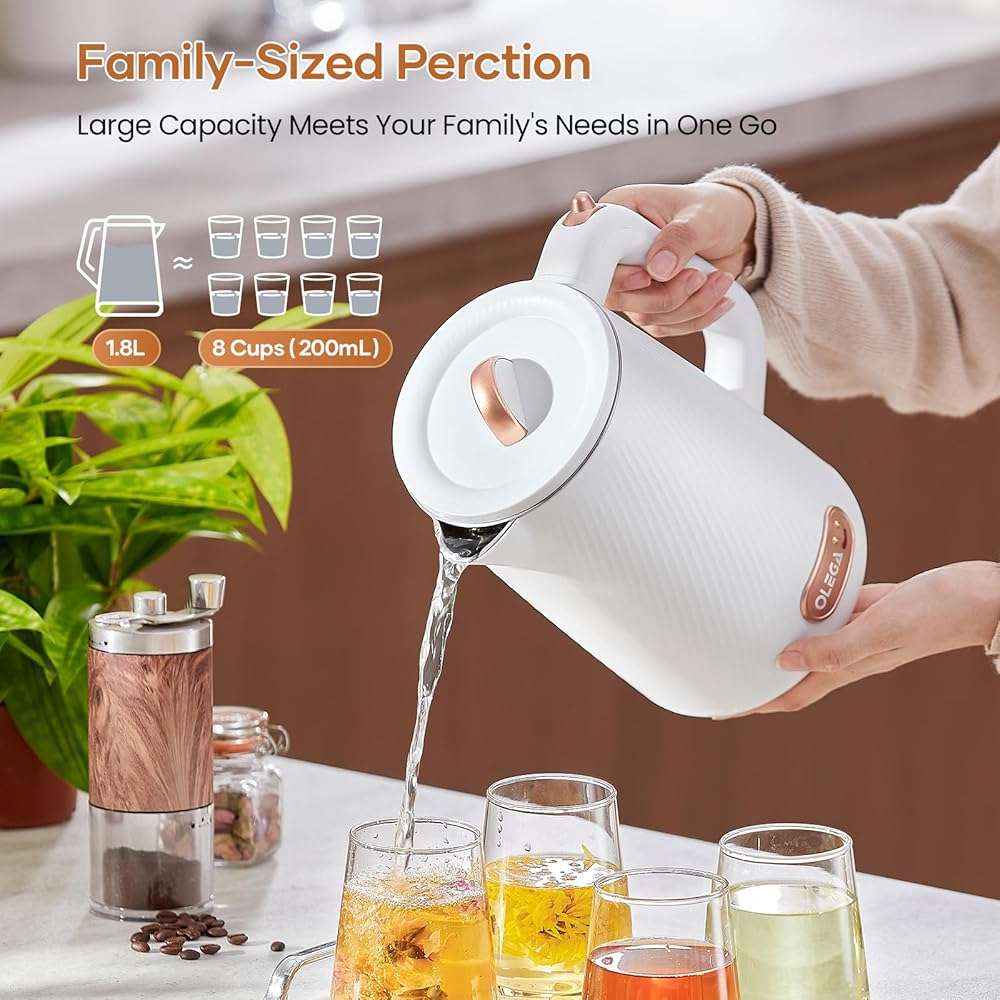 OLEGA Electric Kettle - 1500W Electric Tea Kettle 1.8L Stainless Steel Inner Electric Kettles for Boiling Water Auto Shut Off Boil-Dry Protection Electric Water Kettle for Coffee Tea - Image 4