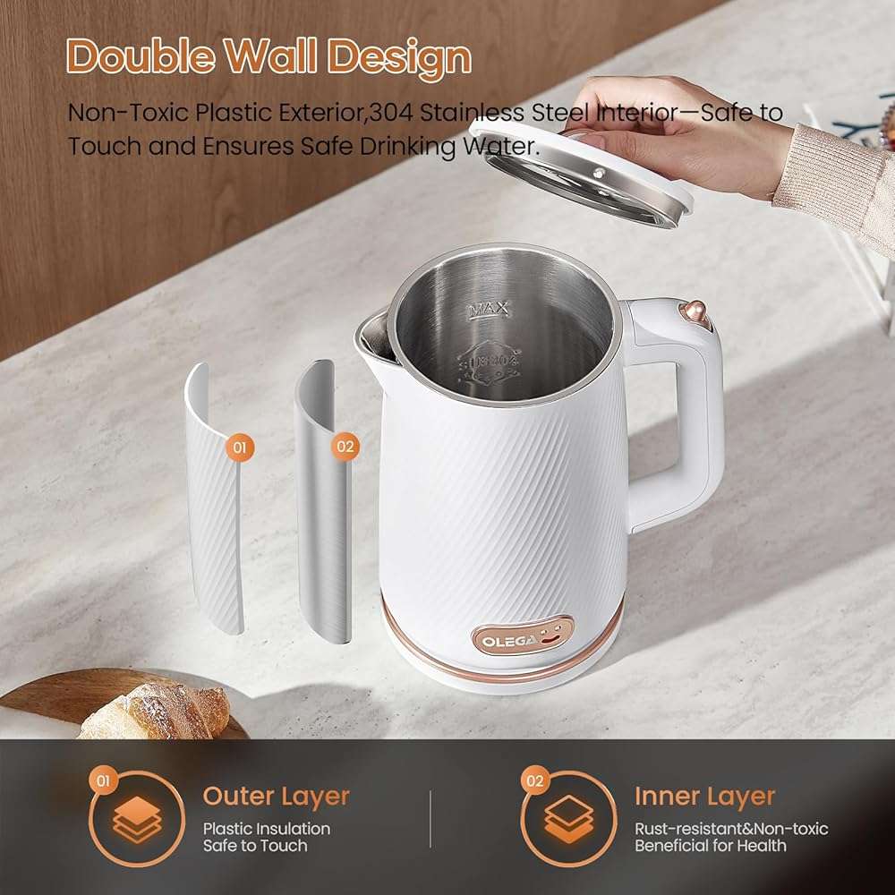 OLEGA Electric Kettle - 1500W Electric Tea Kettle 1.8L Stainless Steel Inner Electric Kettles for Boiling Water Auto Shut Off Boil-Dry Protection Electric Water Kettle for Coffee Tea - Image 5