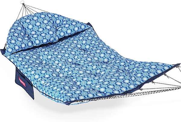 Lazy Daze Hammocks Deluxe 12 FT Tufted Hammock with Soft Detachable Pillow & Side Pocket, Outside Double Curved Aluminium Spreader Hammock, 450 Lbs Capacity for Patio, Blue Floral - Image 1