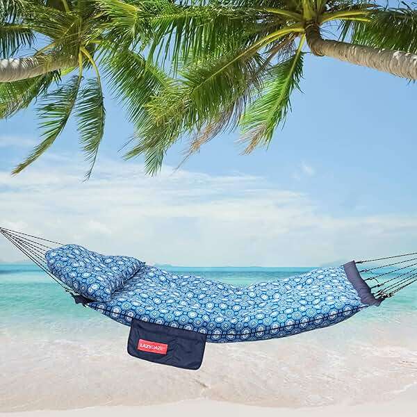Lazy Daze Hammocks Deluxe 12 FT Tufted Hammock with Soft Detachable Pillow & Side Pocket, Outside Double Curved Aluminium Spreader Hammock, 450 Lbs Capacity for Patio, Blue Floral - Image 2