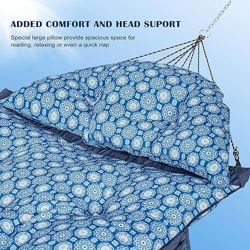 Lazy Daze Hammocks Deluxe 12 FT Tufted Hammock with Soft Detachable Pillow & Side Pocket, Outside Double Curved Aluminium Spreader Hammock, 450 Lbs Capacity for Patio, Blue Floral - Image 4