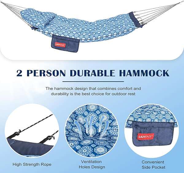 Lazy Daze Hammocks Deluxe 12 FT Tufted Hammock with Soft Detachable Pillow & Side Pocket, Outside Double Curved Aluminium Spreader Hammock, 450 Lbs Capacity for Patio, Blue Floral - Image 5