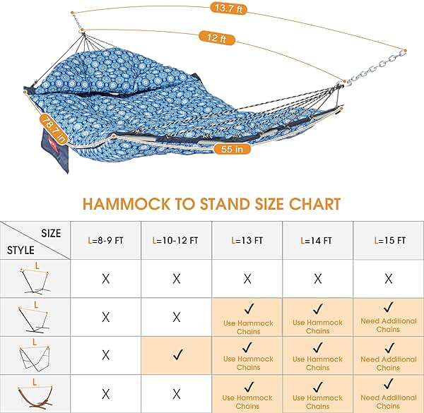 Lazy Daze Hammocks Deluxe 12 FT Tufted Hammock with Soft Detachable Pillow & Side Pocket, Outside Double Curved Aluminium Spreader Hammock, 450 Lbs Capacity for Patio, Blue Floral - Image 7