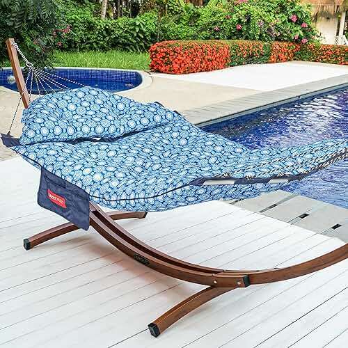 Lazy Daze Hammocks Deluxe 12 FT Tufted Hammock with Soft Detachable Pillow & Side Pocket, Outside Double Curved Aluminium Spreader Hammock, 450 Lbs Capacity for Patio, Blue Floral - Image 8