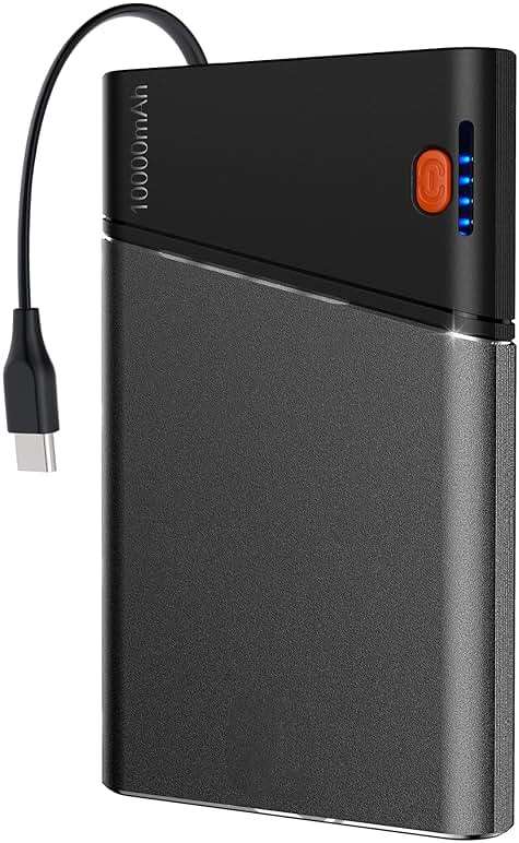 Aaoyun Portable Charger Power Bank, 10000mAh 22.5W PD Fast Charging Powerbank with Built-in USB C Cable, Slim External Phone Battery Pack for iPhone 17/16/15 Samsung S24 Android etc (Grey) - Image 1