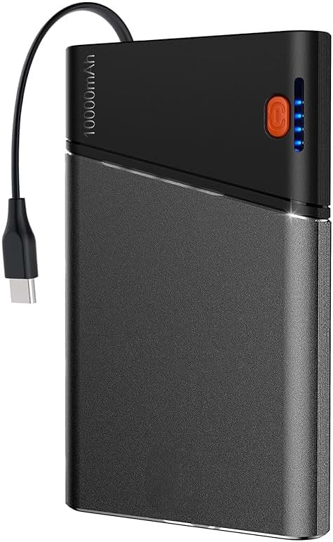 Aaoyun Portable Charger Power Bank, 10000mAh 22.5W PD Fast Charging Powerbank with Built-in USB C Cable, Slim External Phone Battery Pack for iPhone 17/16/15 Samsung S24 Android etc (Grey) - Product Image