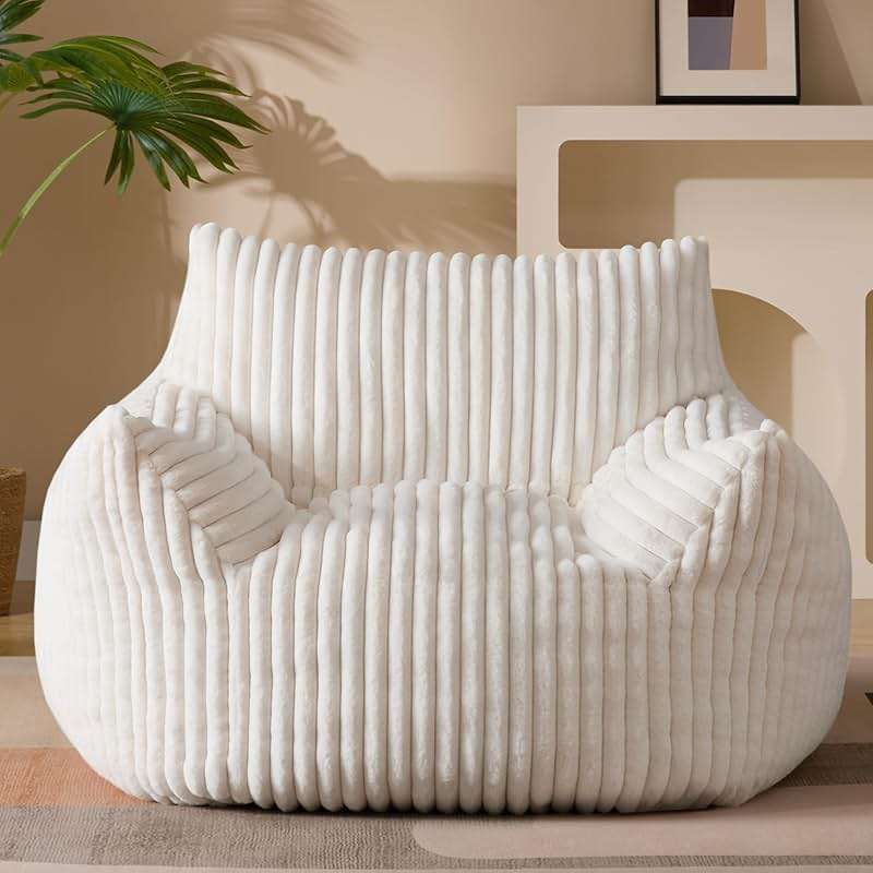 Giant Plush Bean Bag Chair for Adults with Armrests - Oversized Comfy Beige Beanbag Lounge Lazy Floor Sofa Accent Chair for Living Room, Bedroom & Dorm, Cozy Fluffy Single Cloud Mini Couch - Image 1