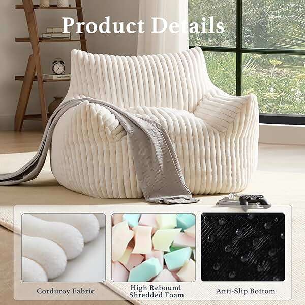 Giant Plush Bean Bag Chair for Adults with Armrests - Oversized Comfy Beige Beanbag Lounge Lazy Floor Sofa Accent Chair for Living Room, Bedroom & Dorm, Cozy Fluffy Single Cloud Mini Couch - Image 3