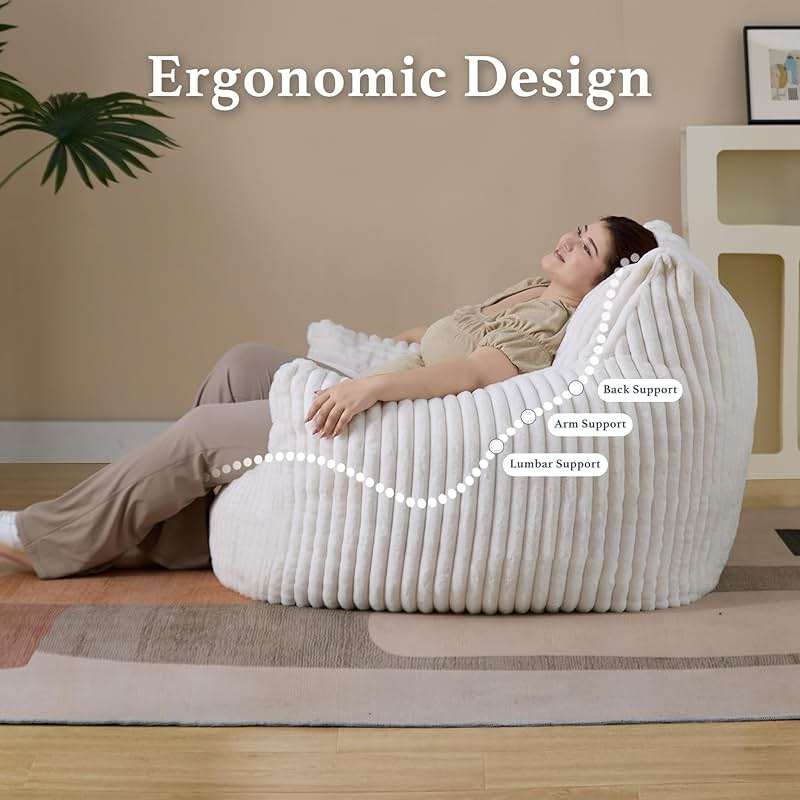 Giant Plush Bean Bag Chair for Adults with Armrests - Oversized Comfy Beige Beanbag Lounge Lazy Floor Sofa Accent Chair for Living Room, Bedroom & Dorm, Cozy Fluffy Single Cloud Mini Couch - Image 5