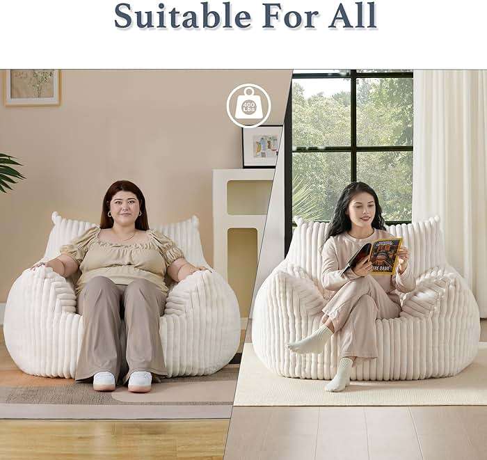 Giant Plush Bean Bag Chair for Adults with Armrests - Oversized Comfy Beige Beanbag Lounge Lazy Floor Sofa Accent Chair for Living Room, Bedroom & Dorm, Cozy Fluffy Single Cloud Mini Couch - Image 6