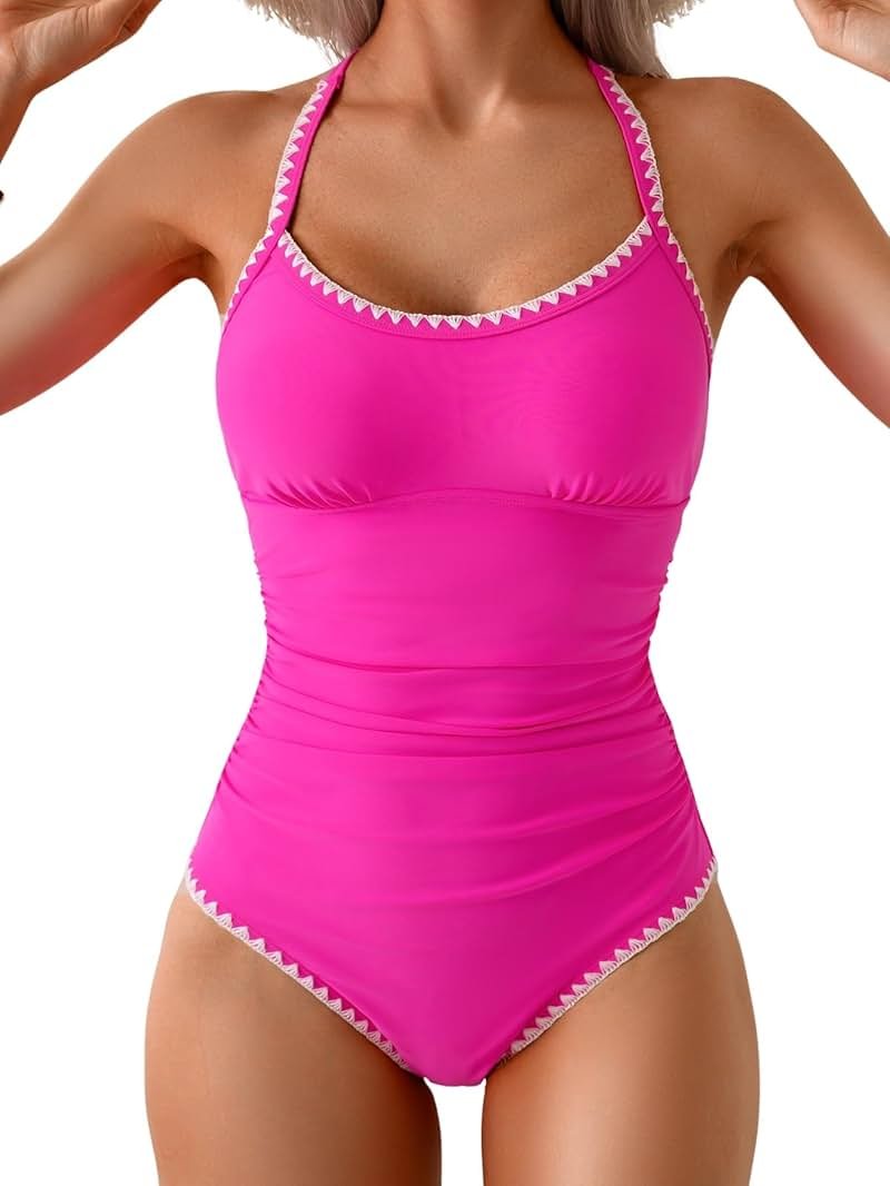 Eomenie Women's One Piece Swimsuit Tummy Control Slimming Bathing Suit Ruched Swimwear Tie Back Shell Stitch Swim Suit - Product Image