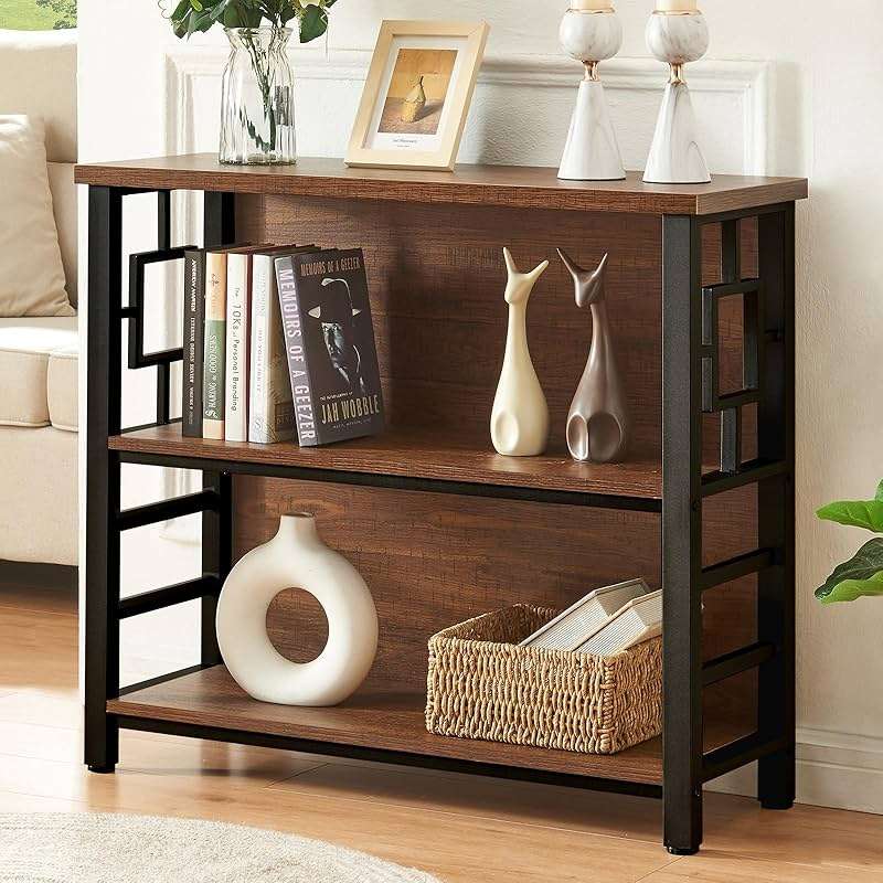 HOMISSUE Book Shelf, 3 Tier Deep Bookshelf with Storage, Engineered Wood and Metal Shelf Bookcase, Low Short Bookcases for Small Space, Living Room, Bedroom, Office, Rustic Brown - Image 1