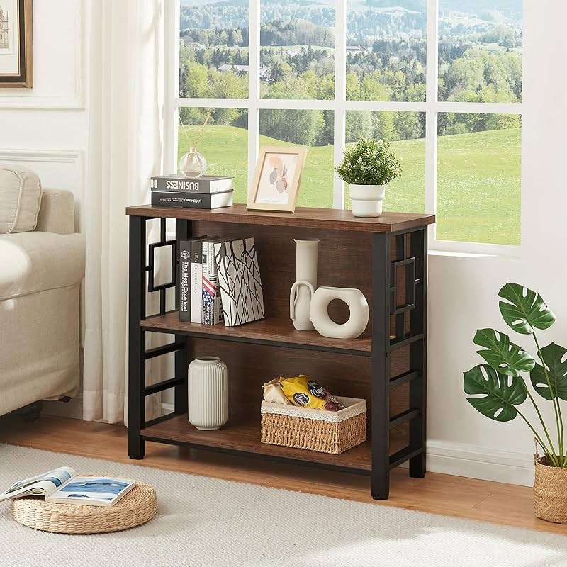 HOMISSUE Book Shelf, 3 Tier Deep Bookshelf with Storage, Engineered Wood and Metal Shelf Bookcase, Low Short Bookcases for Small Space, Living Room, Bedroom, Office, Rustic Brown - Image 3