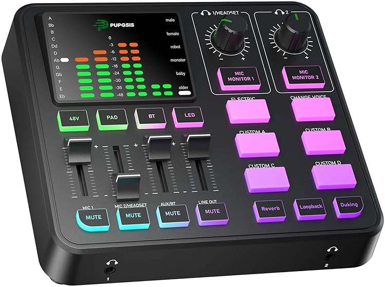 PUPGSIS Gaming Audio Mixer, Audio Interface for PC/Podcast/Streaming, Sound Board with 3.5mm/XLR Mic Input, 48V Phantom Power, Voice Changer, Live Sound Card with DJ Mixer Effects/Bluetooth/4 Channel - Image 1