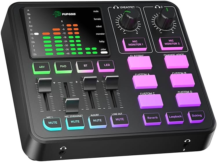 PUPGSIS Gaming Audio Mixer, Audio Interface for PC/Podcast/Streaming, Sound Board with 3.5mm/XLR Mic Input, 48V Phantom Power, Voice Changer, Live Sound Card with DJ Mixer Effects/Bluetooth/4 Channel - Product Image
