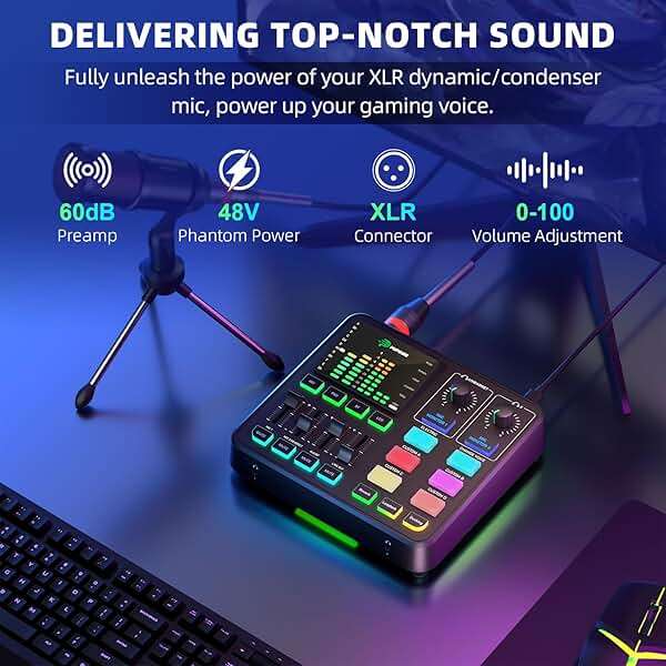 PUPGSIS Gaming Audio Mixer, Audio Interface for PC/Podcast/Streaming, Sound Board with 3.5mm/XLR Mic Input, 48V Phantom Power, Voice Changer, Live Sound Card with DJ Mixer Effects/Bluetooth/4 Channel - Image 2