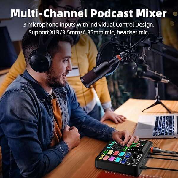 PUPGSIS Gaming Audio Mixer, Audio Interface for PC/Podcast/Streaming, Sound Board with 3.5mm/XLR Mic Input, 48V Phantom Power, Voice Changer, Live Sound Card with DJ Mixer Effects/Bluetooth/4 Channel - Image 3