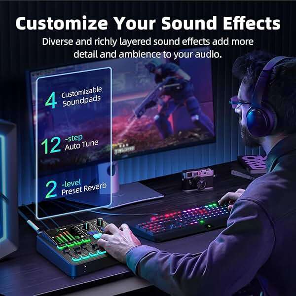 PUPGSIS Gaming Audio Mixer, Audio Interface for PC/Podcast/Streaming, Sound Board with 3.5mm/XLR Mic Input, 48V Phantom Power, Voice Changer, Live Sound Card with DJ Mixer Effects/Bluetooth/4 Channel - Image 4