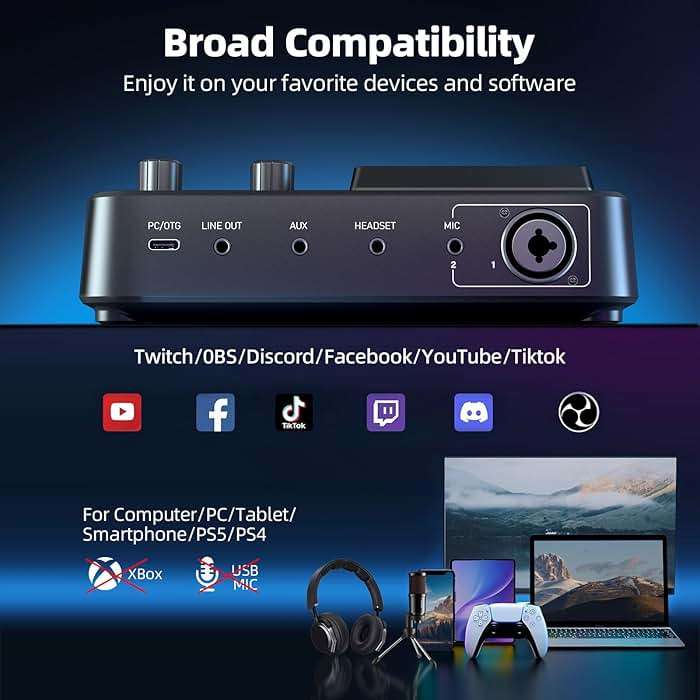 PUPGSIS Gaming Audio Mixer, Audio Interface for PC/Podcast/Streaming, Sound Board with 3.5mm/XLR Mic Input, 48V Phantom Power, Voice Changer, Live Sound Card with DJ Mixer Effects/Bluetooth/4 Channel - Image 7