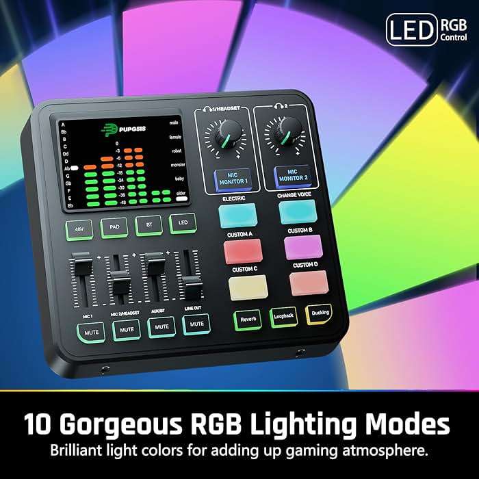 PUPGSIS Gaming Audio Mixer, Audio Interface for PC/Podcast/Streaming, Sound Board with 3.5mm/XLR Mic Input, 48V Phantom Power, Voice Changer, Live Sound Card with DJ Mixer Effects/Bluetooth/4 Channel - Image 8