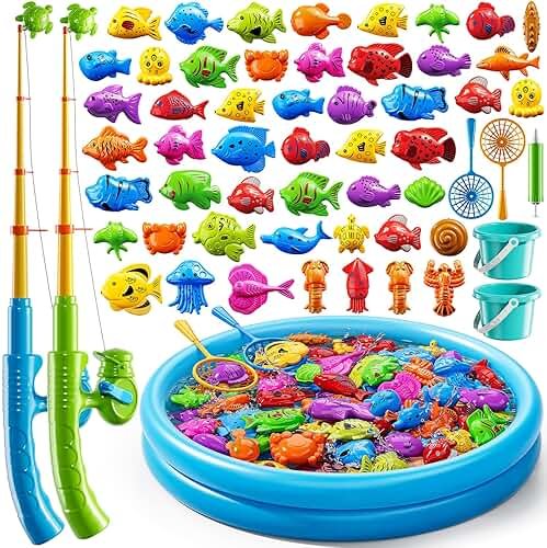 JUKUDAHU Magnet Fishing Toys Game for Kids 3-5 - Floating Fish Toys with Inflatable Kiddie Pool, Bath for Toddlers, Pole Rod Net, Outdoor Party for Boys Girls Kids Age 3 4 5 6 7 8 Year Old - Product Image