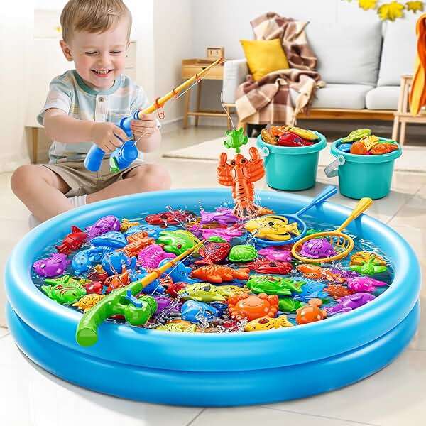 JUKUDAHU Magnet Fishing Toys Game for Kids 3-5 - Floating Fish Toys with Inflatable Kiddie Pool, Bath for Toddlers, Pole Rod Net, Outdoor Party for Boys Girls Kids Age 3 4 5 6 7 8 Year Old - Image 2