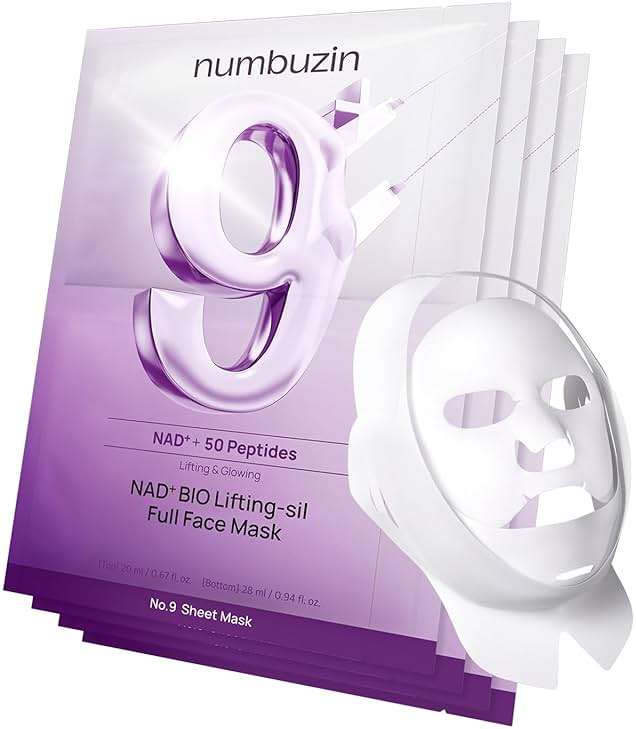 numbuzin No.9 Sheet Mask | NAD+ BIO Lifting-sil Full Face Mask | Improves Jawline, Jowls, Wrinkles, Neck Lines | Peptides, NAD+, Collagen | Skin Firmness | 4 Sheets + Lifting Band - Image 1