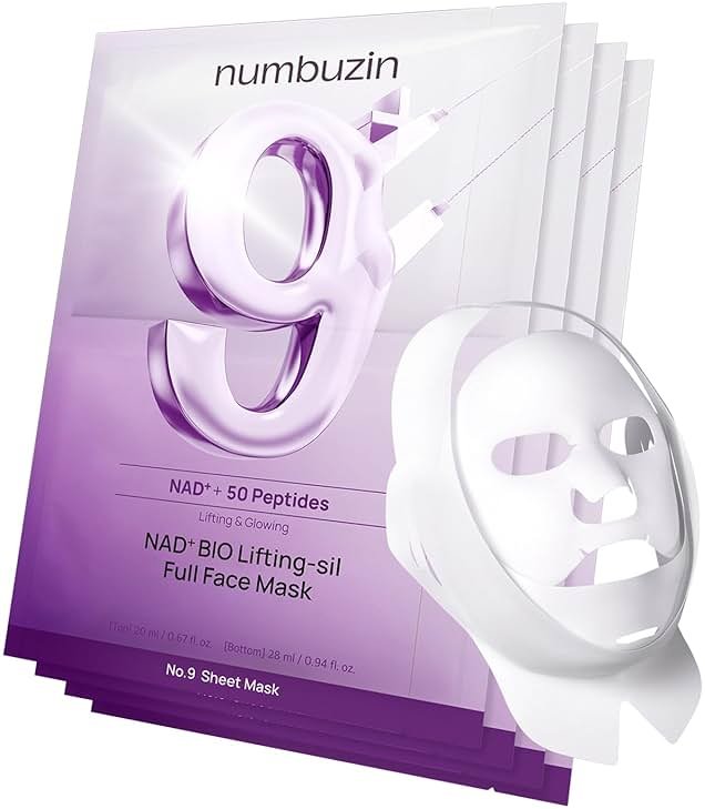 numbuzin No.9 Sheet Mask | NAD+ BIO Lifting-sil Full Face Mask | Improves Jawline, Jowls, Wrinkles, Neck Lines | Peptides, NAD+, Collagen | Skin Firmness | 4 Sheets + Lifting Band - Product Image