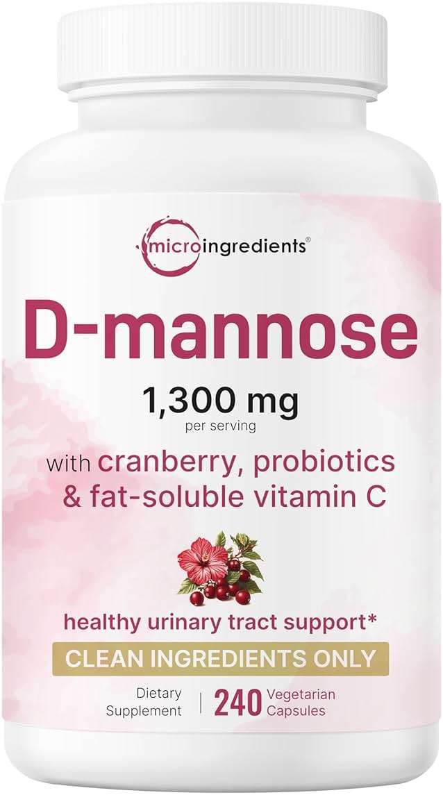 Pure D Mannose 1,300mg with Cranberry & Probiotics, 240 Veggie Capsules | Urinary Tract Health for Women | Plus 1 Million CFU Probiotics Blend & High Absorption Vitamin C | Filler Free, Non-GMO - Image 1