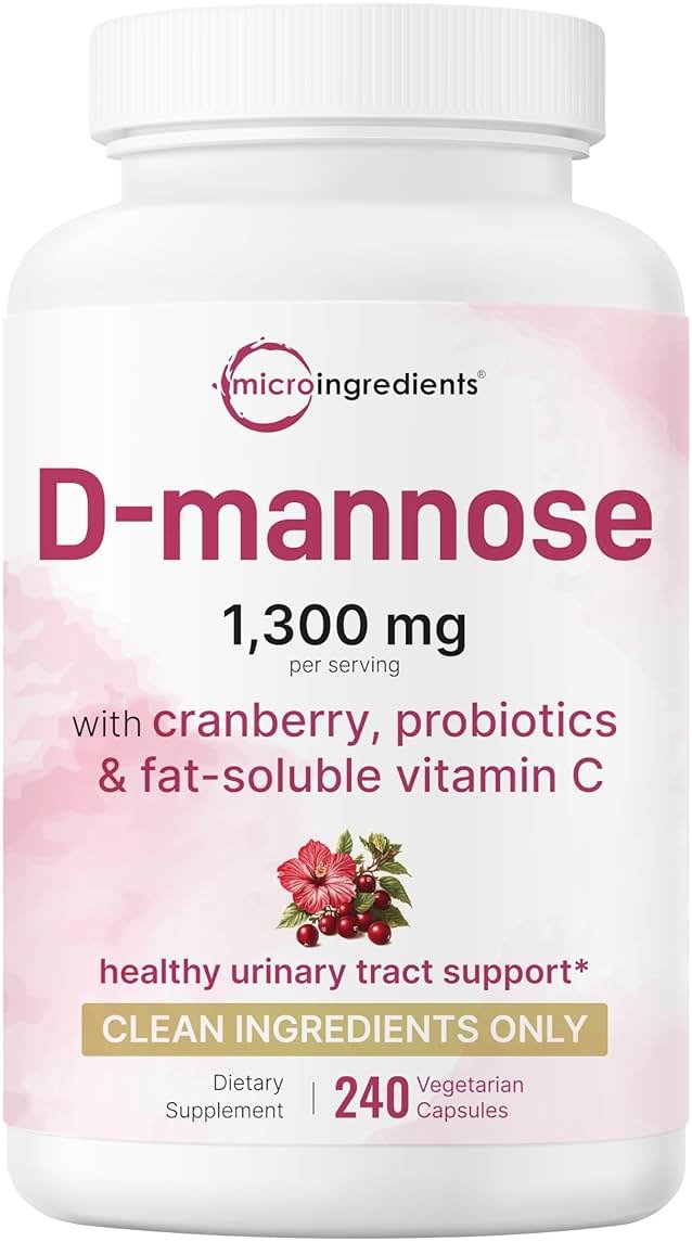 Pure D Mannose 1,300mg with Cranberry & Probiotics, 240 Veggie Capsules | Urinary Tract Health for Women | Plus 1 Million CFU Probiotics Blend & High Absorption Vitamin C | Filler Free, Non-GMO - Product Image
