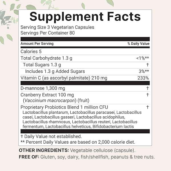 Pure D Mannose 1,300mg with Cranberry & Probiotics, 240 Veggie Capsules | Urinary Tract Health for Women | Plus 1 Million CFU Probiotics Blend & High Absorption Vitamin C | Filler Free, Non-GMO - Image 2